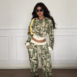Street Camouflage Print Spliced Hooded Drawstring Short Sweatshirt and Straight Leg Sweatpants Two-Piece Set
