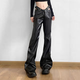 Street Dark Irregular Heavy-duty High-waist Personality Metal Belt PU Leather Pants Slim Flared Long Trousers