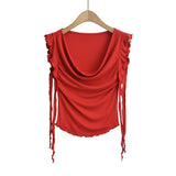 One shoulder swing collar design short sleeved T-shirt