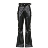 Street Dark Irregular Heavy-duty High-waist Personality Metal Belt PU Leather Pants Slim Flared Long Trousers