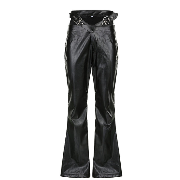 Street Dark Irregular Heavy-duty High-waist Personality Metal Belt PU Leather Pants Slim Flared Long Trousers