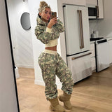 Street Camouflage Print Spliced Hooded Drawstring Short Sweatshirt and Straight Leg Sweatpants Two-Piece Set