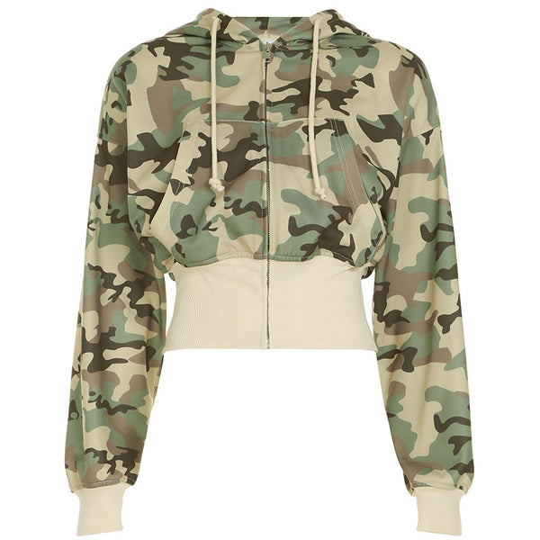 Street Camouflage Print Spliced Hooded Drawstring Short Sweatshirt and Straight Leg Sweatpants Two-Piece Set