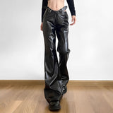 Street Dark Irregular Heavy-duty High-waist Personality Metal Belt PU Leather Pants Slim Flared Long Trousers