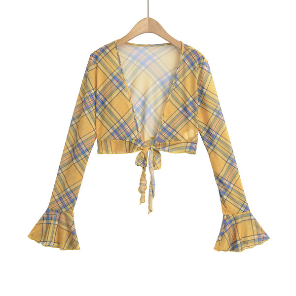 Red checkered mesh sunscreen cardigan for women