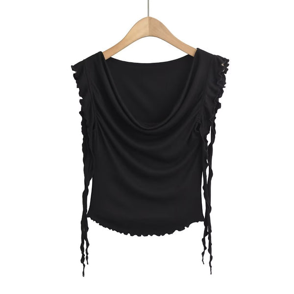 One shoulder swing collar design short sleeved T-shirt