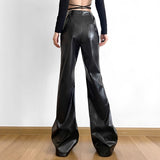 Street Dark Irregular Heavy-duty High-waist Personality Metal Belt PU Leather Pants Slim Flared Long Trousers