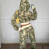 Street Camouflage Print Spliced Hooded Drawstring Short Sweatshirt and Straight Leg Sweatpants Two-Piece Set