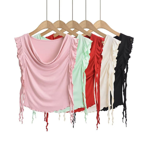 One shoulder swing collar design short sleeved T-shirt